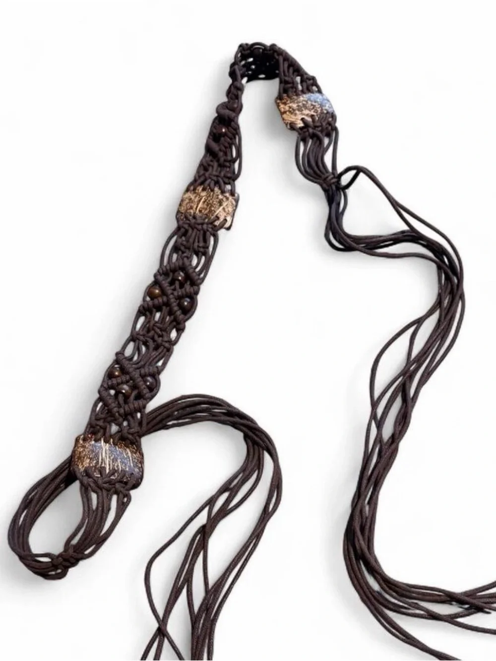 Braided Brown Leather Tie Belt with beaded Accents